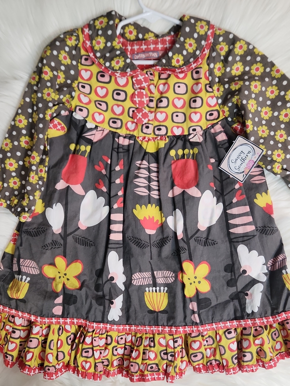 Floral Patchwork Dress - Color: Red, Gray- Brand: Jelly The Pug - Size: 4